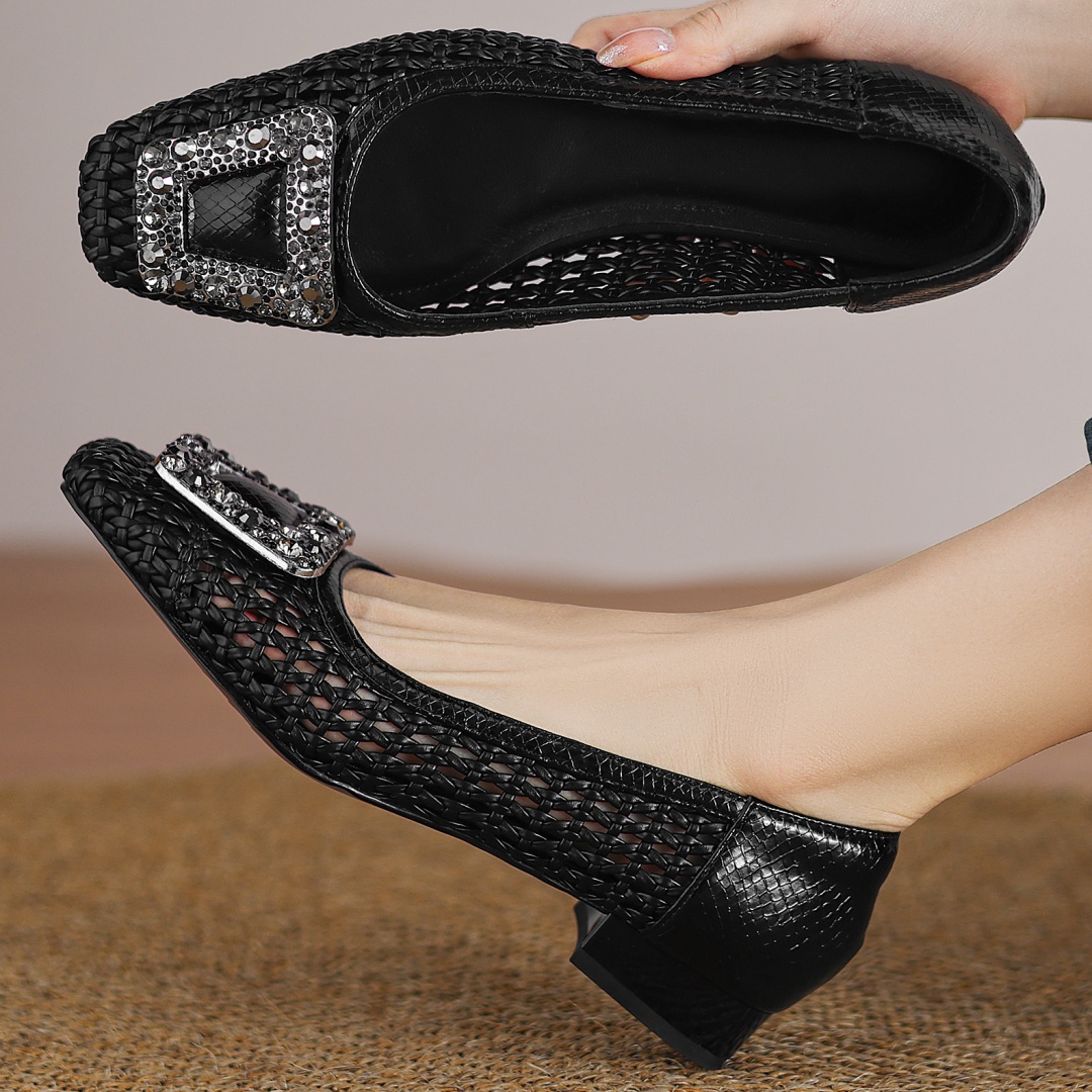 Women's genuine leather braided microfiber patchwork crystal buckle slip-on pumps summer hollow-out 4cm thick med heeled shoes