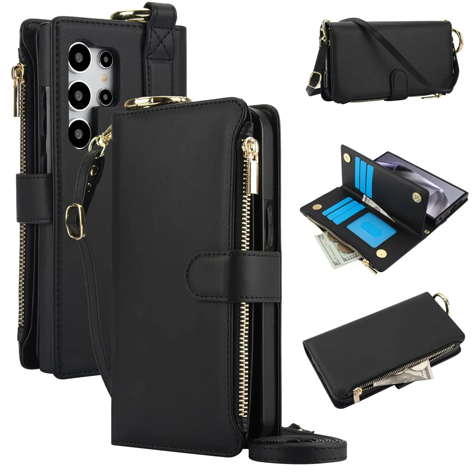 per Samsung Galaxy S24/S23/S22/S21 Ultra Note 20 Ultra Custodia a portafoglio con cerniera Porta carte di credito Blocco RFID, Flip Folio Cover