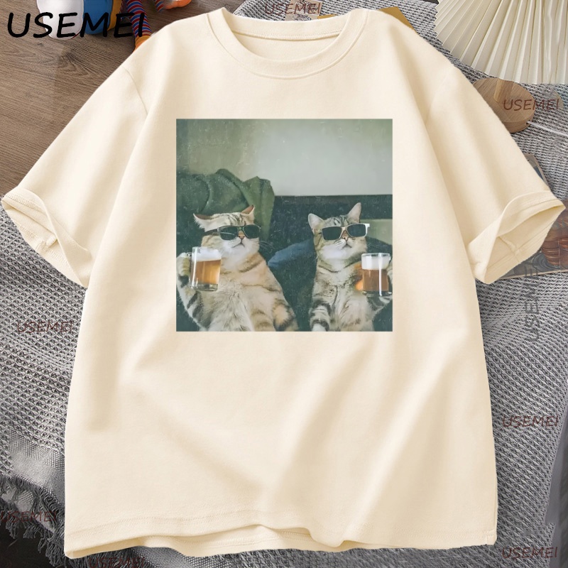 Engraçado legal gato bebendo cerveja camiseta casual algodão manga curta t camisa homem roupas harajuku em torno do pescoço designer topos