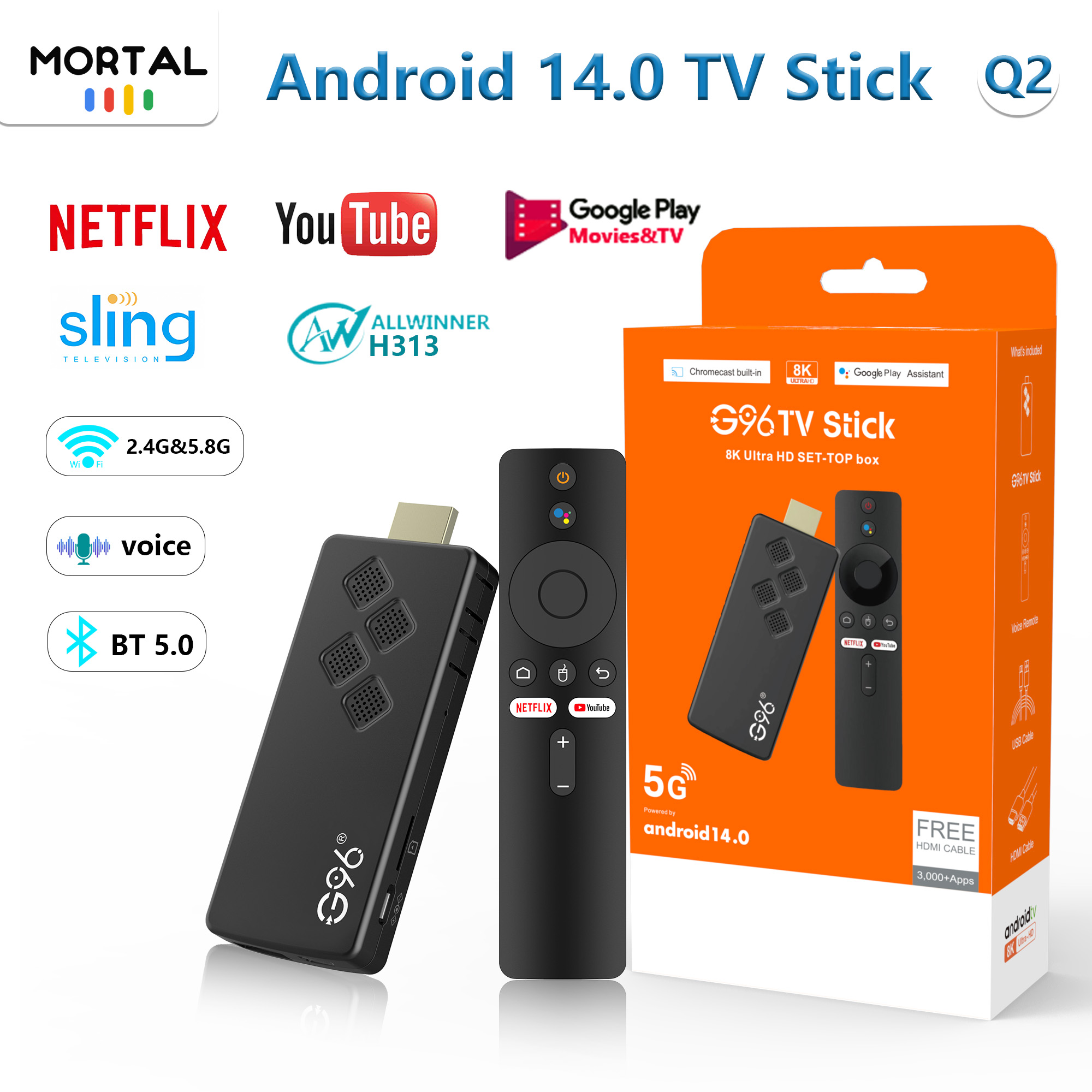 Android 14 5V/2A TV Stick Mortal Q2 Comando por Voz 8K 4K Vídeo BT5.0 Wifi6 Netflix YouTube Streaming Rápido VS Fire TV Stick
