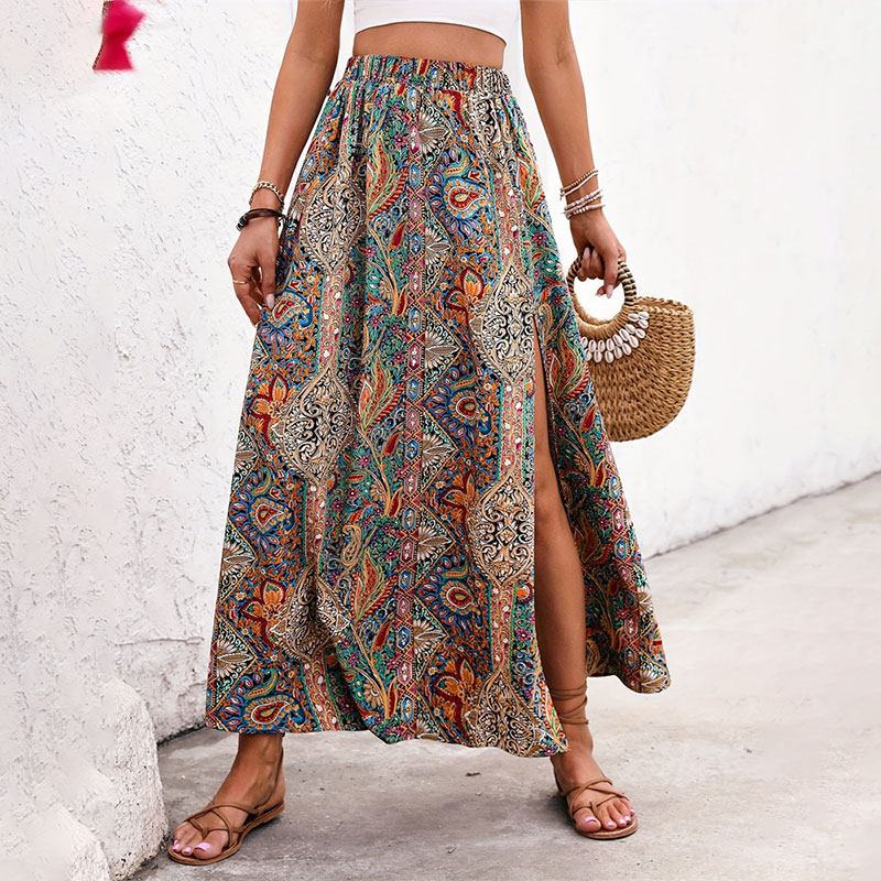 Bohemian Boho Retro Blumendruck Röcke Frauen Indie Folk Sommer Hohe Taille A-Linie Gefaltete Lange Röcke Casual Urlaub Strand Rock