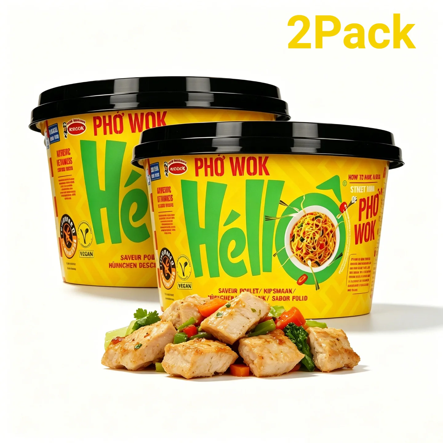 2 Packs HELLO PHO WOK Instant-Nudel-Schale mit Hühnergeschmack 2×76g, schnelles Fertiggericht für Büro, Reisen, Picknick und Zwischenmahlzeiten