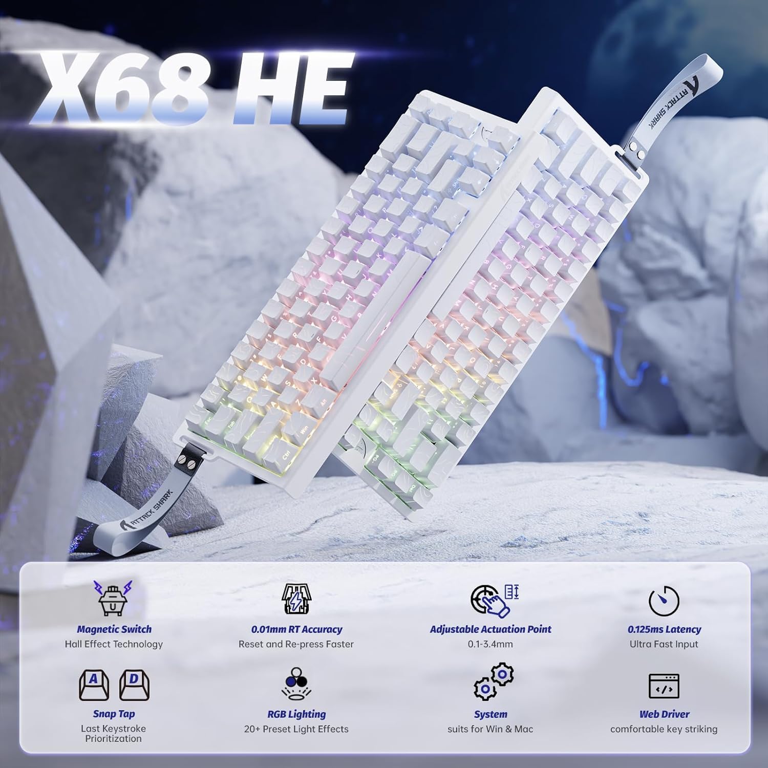 ATTACK SHARK X68 HE Mechaniczna klawiatura do gier z szybkim spustem 60% przewodowa z regulowanym uruchamianiem, przełącznik magnetyczny z efektem Halla, 8KH
