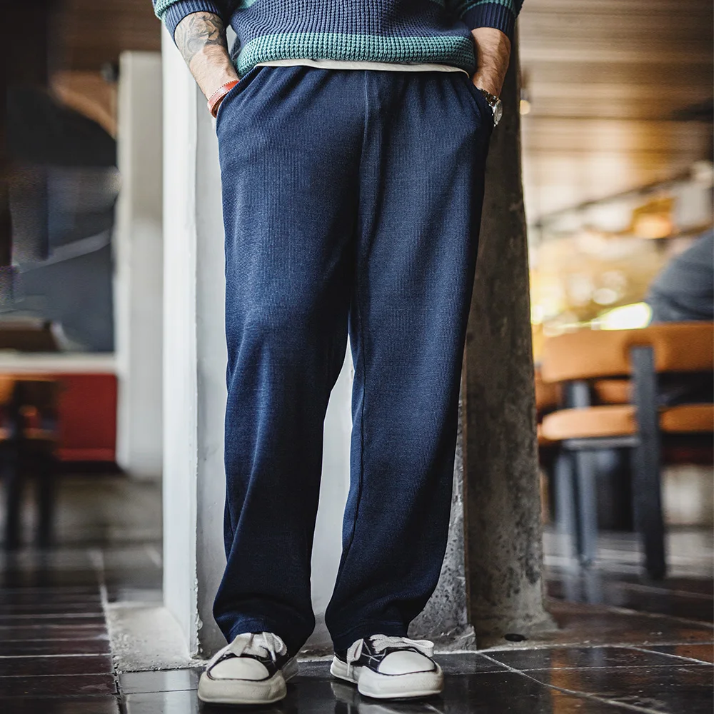 Maden Vintage gebreide wafel-joggingbroek voor heren, losse pasvorm, rechte effen broek met elastische taille en broek met trekkoord voor de herfst