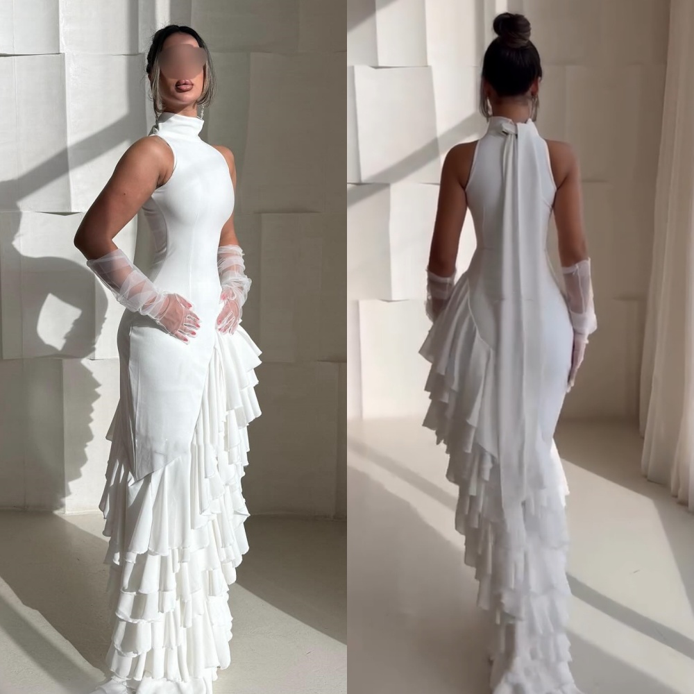 Customized Modern Style Pastrol Chiffon Ruched Ruffle Tiered Mermaid Scoop Neck Long Dresses Bespoke Occasion Dresses Exquisite