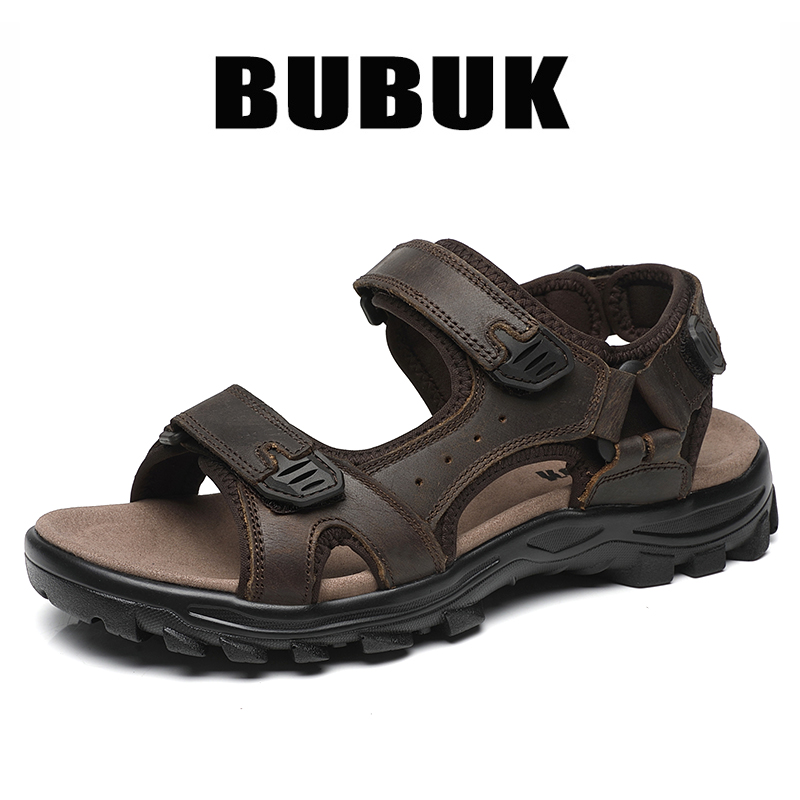 Sandálias Casuais Masculinas de Couro de Primeira Camada Bubuk, Design Aberto e Versátil, Ajustável para Todas as Estações, Confortáveis Sapatos de Praia Planos, Sapatos Aquáticos Masculinos