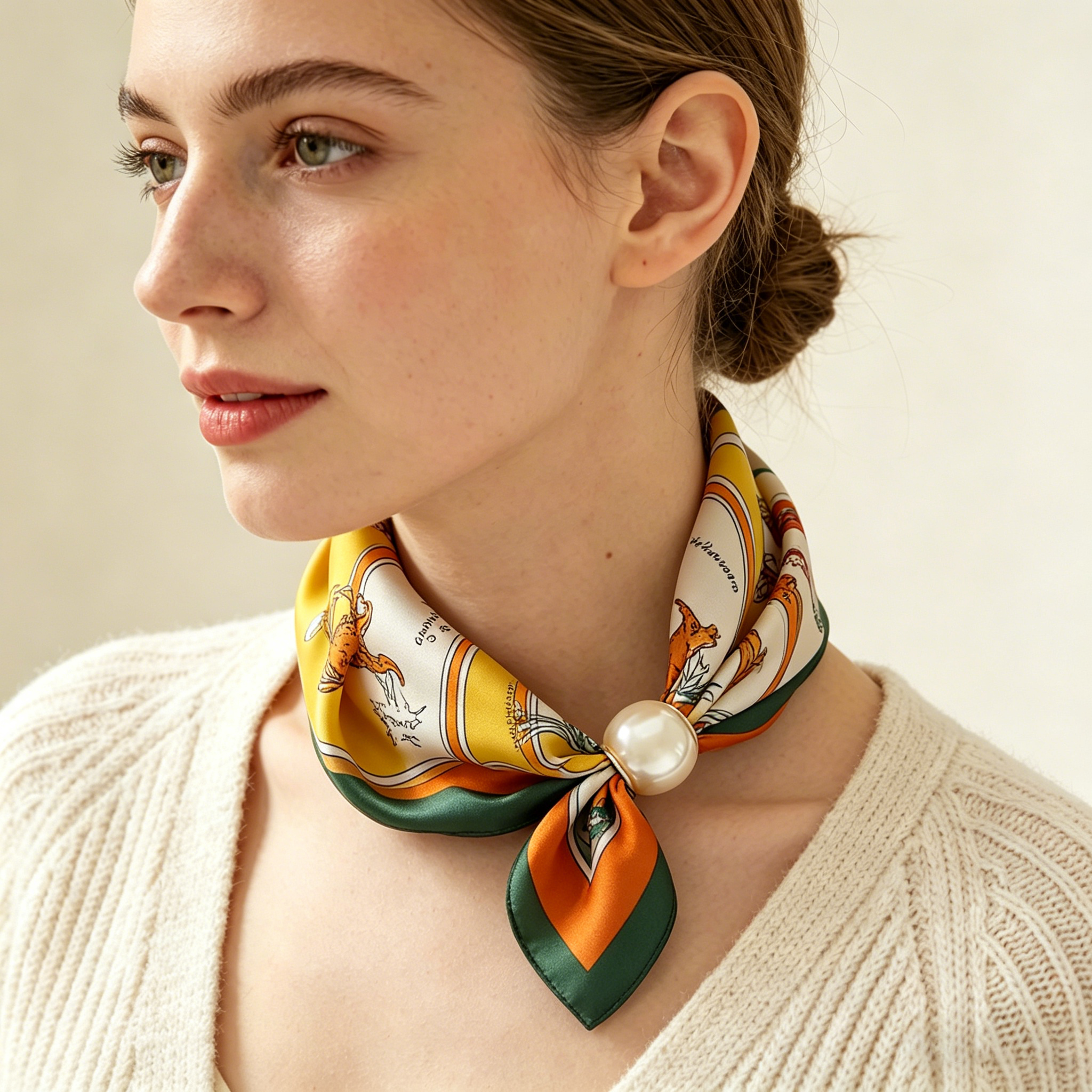 Foulard imprimé en soie avec chaîne à boucle perlée, pendentif magnétique fin pour clavicule, foulard de cou de créateur pour femme