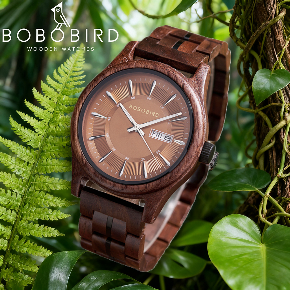 Logotipo personalizado relógio de madeira moda cronógrafo quartzo esportes relógio de pulso bobo bird nogueira relógios de madeira para homem dropshipping