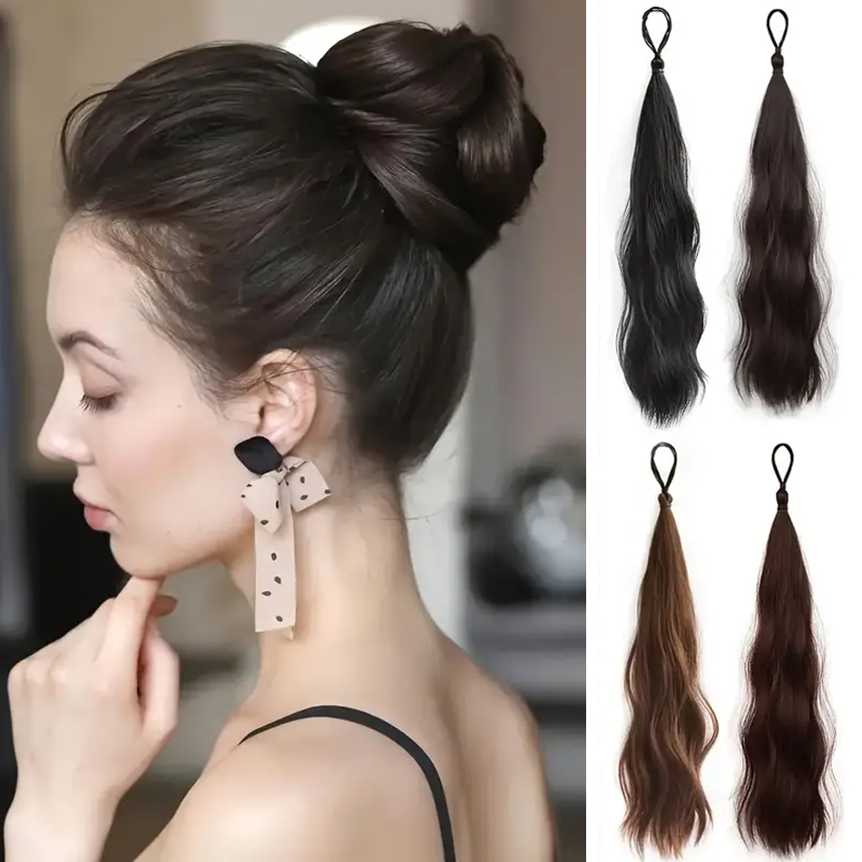 Extensão de Cabelo Sintético Ondulado para Rabo de Cavalo, Marrom Preto, com Efeito de Volume Natural, Rosa Misto, para Coque