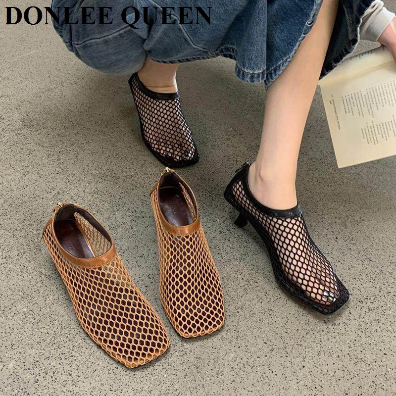 Sandalias mule vintage de malla con punta cuadrada, tacón bajo, diseño hueco, cremallera trasera, transpirables, con ribete de red, zapatos casuales para mujer