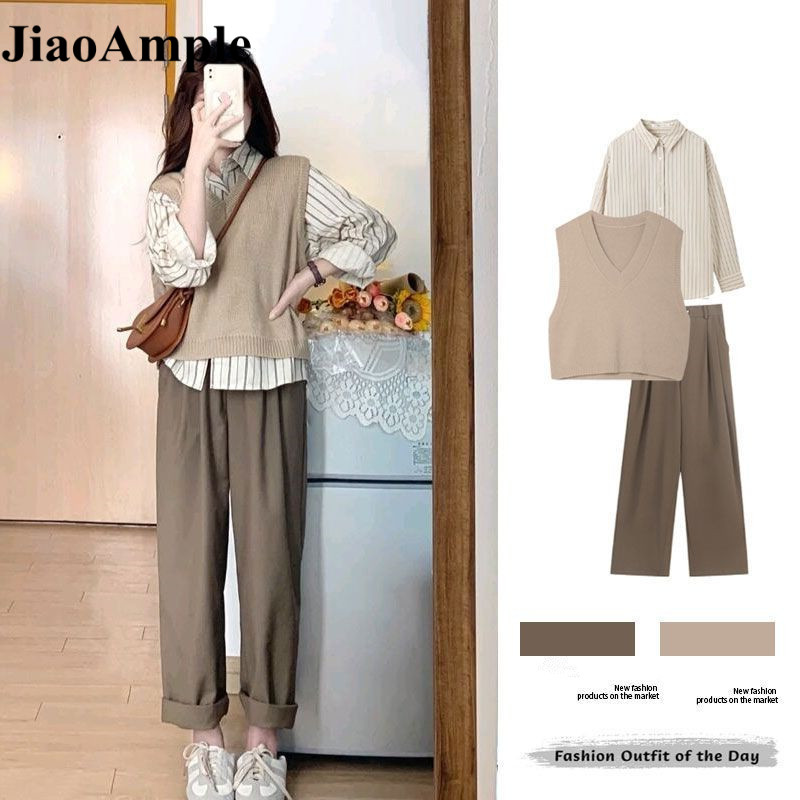Rompi Rajutan Khaki Antik Musim Semi Musim Gugur Wanita Kemeja Bergaris Celana Kaki Lebar Wanita Korea Kasual Joker Pakaian Rajut Set Celana Blus