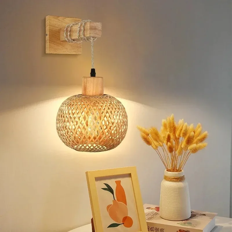 Plug-in retro japonês bambu tecido lâmpada de parede cabeceira sala de jantar rattan quarto fazenda rural parede de fundo interior