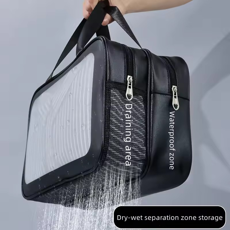 Bolsa de maquillaje de PU transparente doble con separación de seco y húmedo, bolsa de lavado portátil, bolsa de almacenamiento de cosméticos, artículos esenciales para viajes, fitness y natación