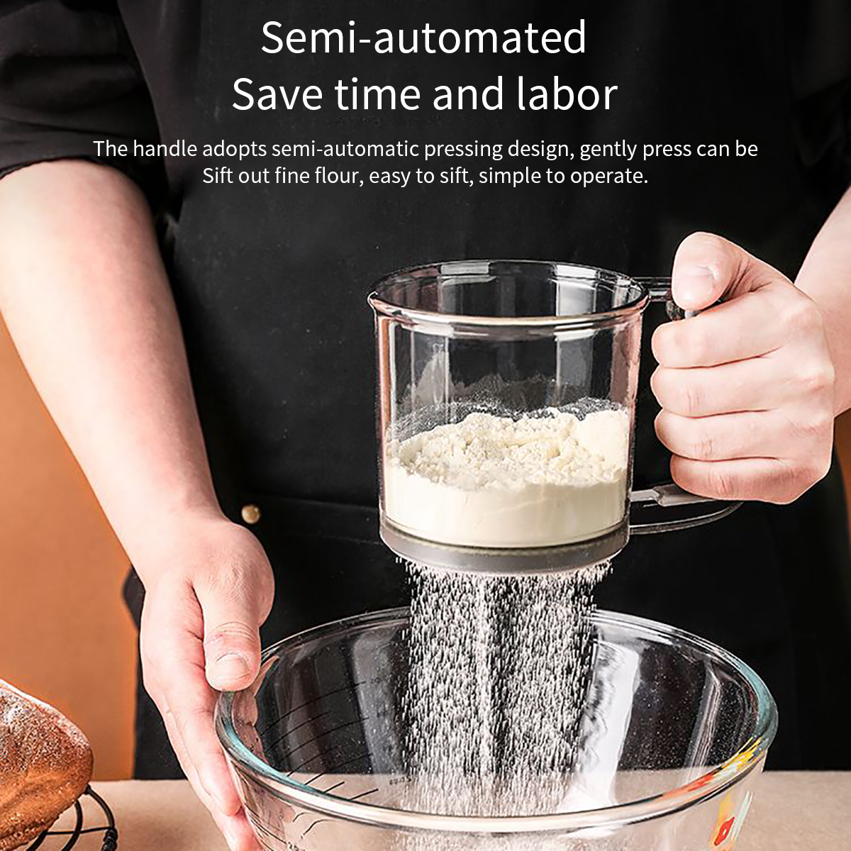 Hornear en la cocina, tamiz de harina para pasteles, tamiz de filtro semiautomático de 40 malla, tamiz de harina con báscula de capacidad