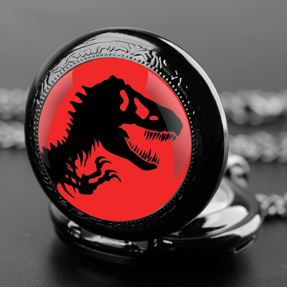 Jurassic park dinossauro cúpula de vidro unissex numeral árabe relógio de bolso de quartzo feminino homem colar pingente acessório com corrente presente