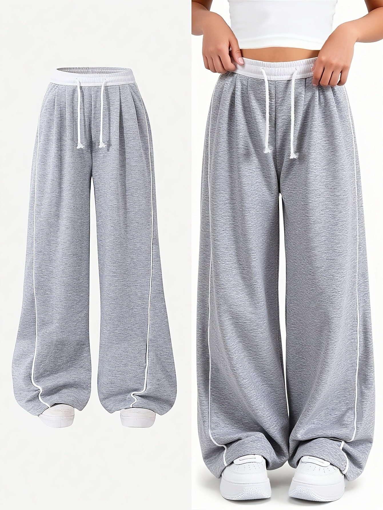 Calças de Moletom Casuais para Meninas com Cintura Ajustável e Linhas Contrastantes, Estilo Baggy, Cor Cinza Heather