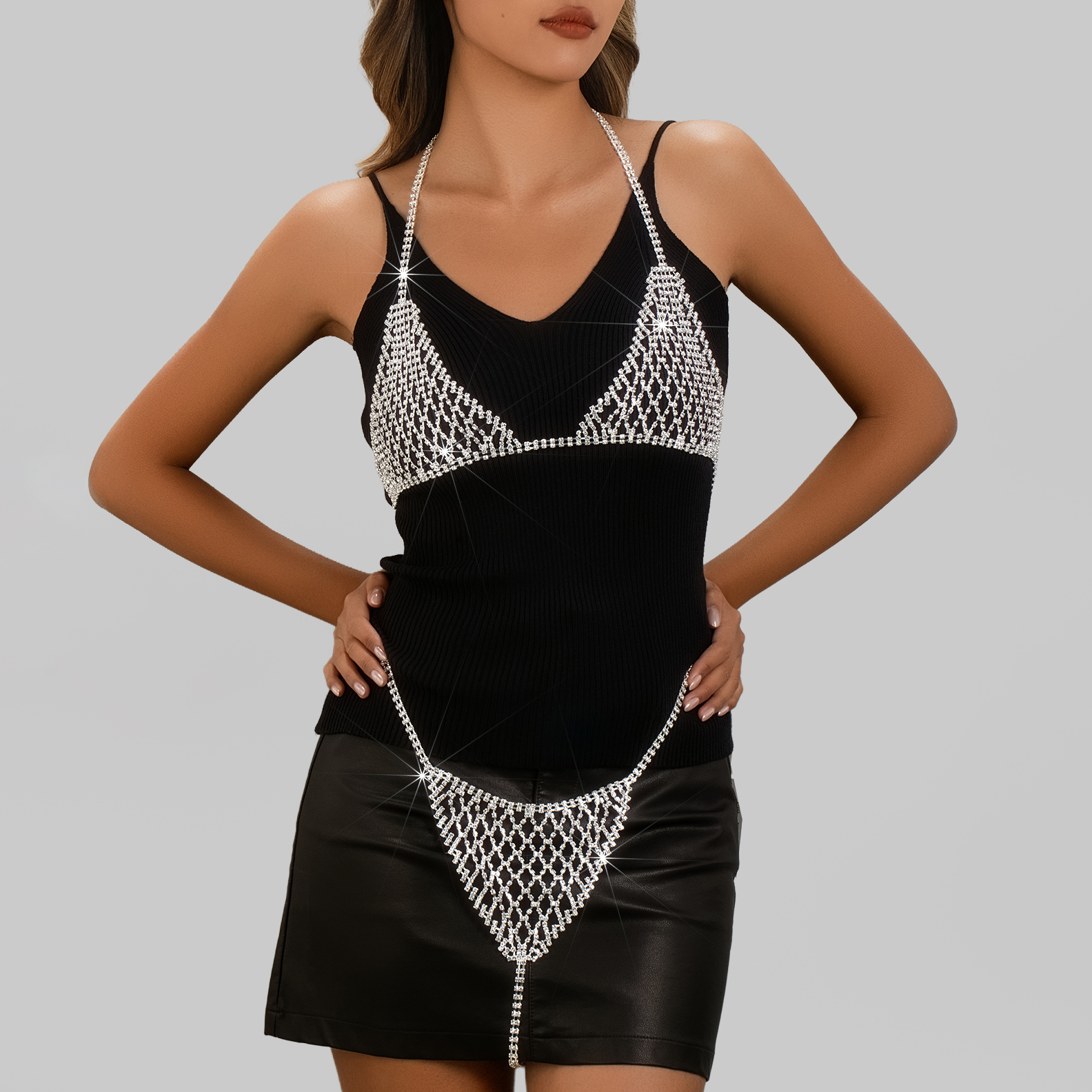 Sexy Sparkling Mesh Rhinestone Bra Chain Shorts Jewelry Set Luxury Nightclub Party Crystal Bra Chain Jewelry Set Accessories