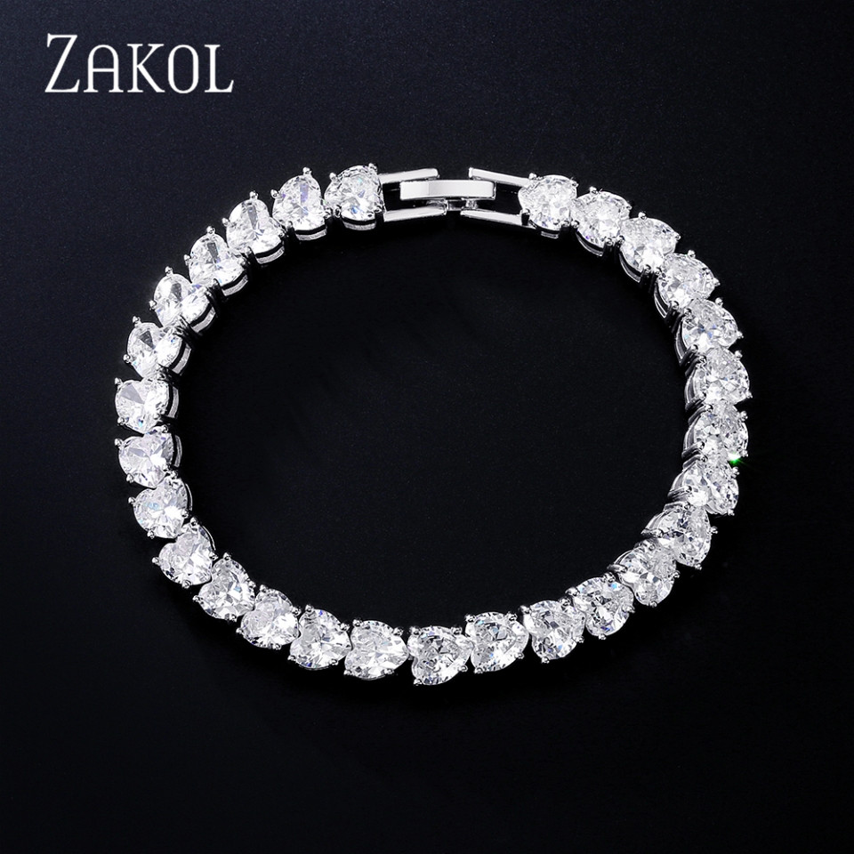 ZAKOL Fashion Geometry Cubic Zirconia Heart Chain Bracelets for Women Luxury Silver Color Bridal Wedding Dress Jewelry