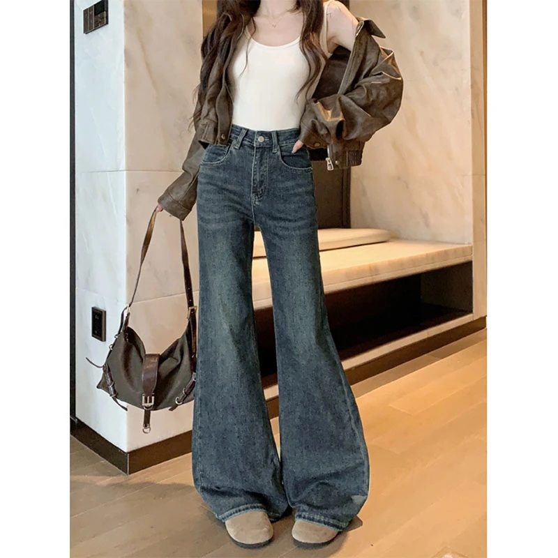 女性のためのジーンズ Y2k 服レトロフレアパンツ冬ハイウエストルーズフィットワイドレッグデニムパンツ痩身ファッションカジュアル