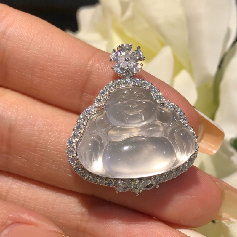 Jade Inlaid Buddha Pendant Maitreya Laughing Buddha Amulet for Safety White Ice Jade Necklace Pendant Holiday Gift