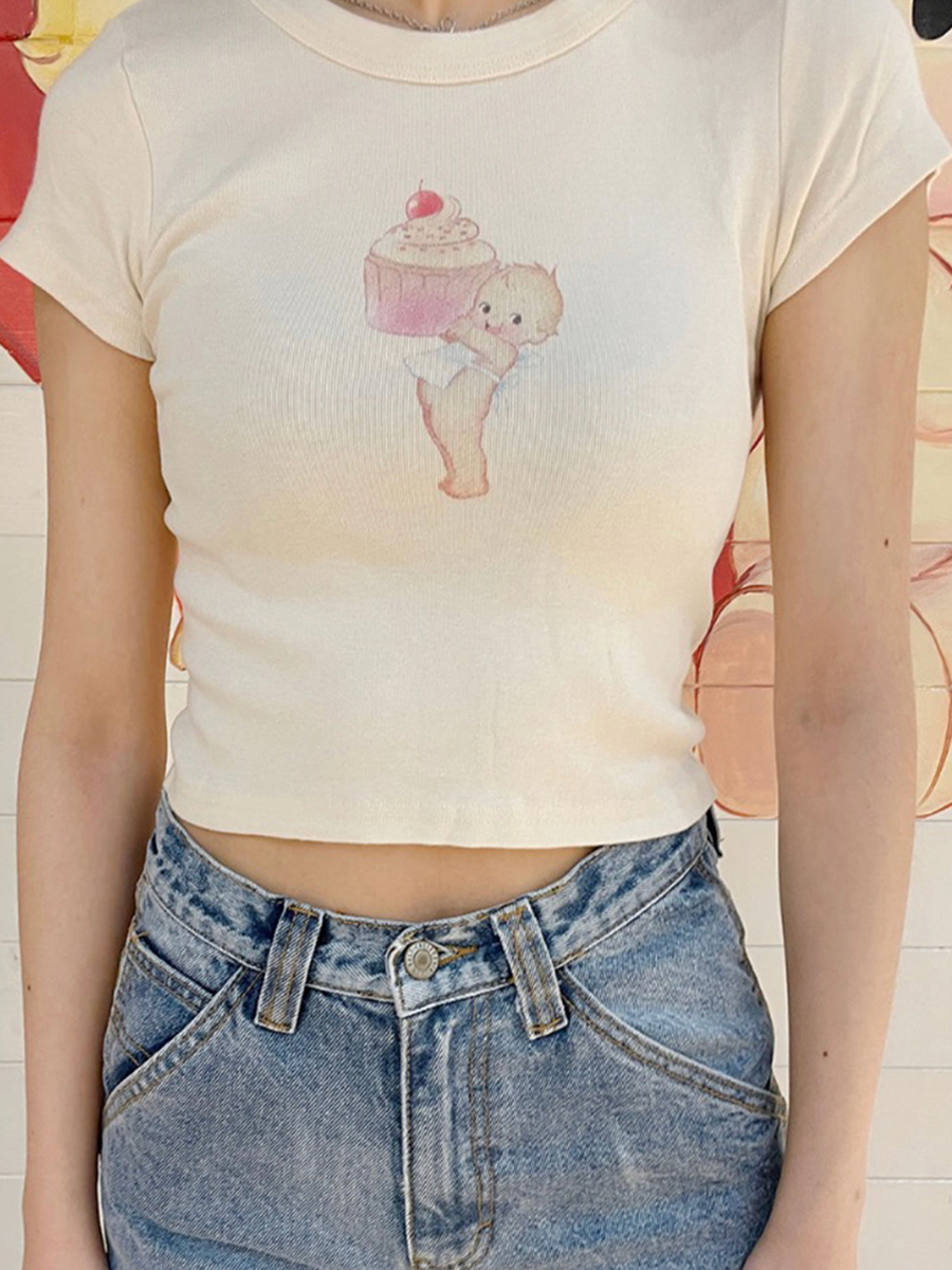 Camisetas ajustadas con estampado de Ángel Cupcake para bebé, Tops cortos con cuello redondo de manga corta de algodón suave, Tops informales Vintage Y2k 2023