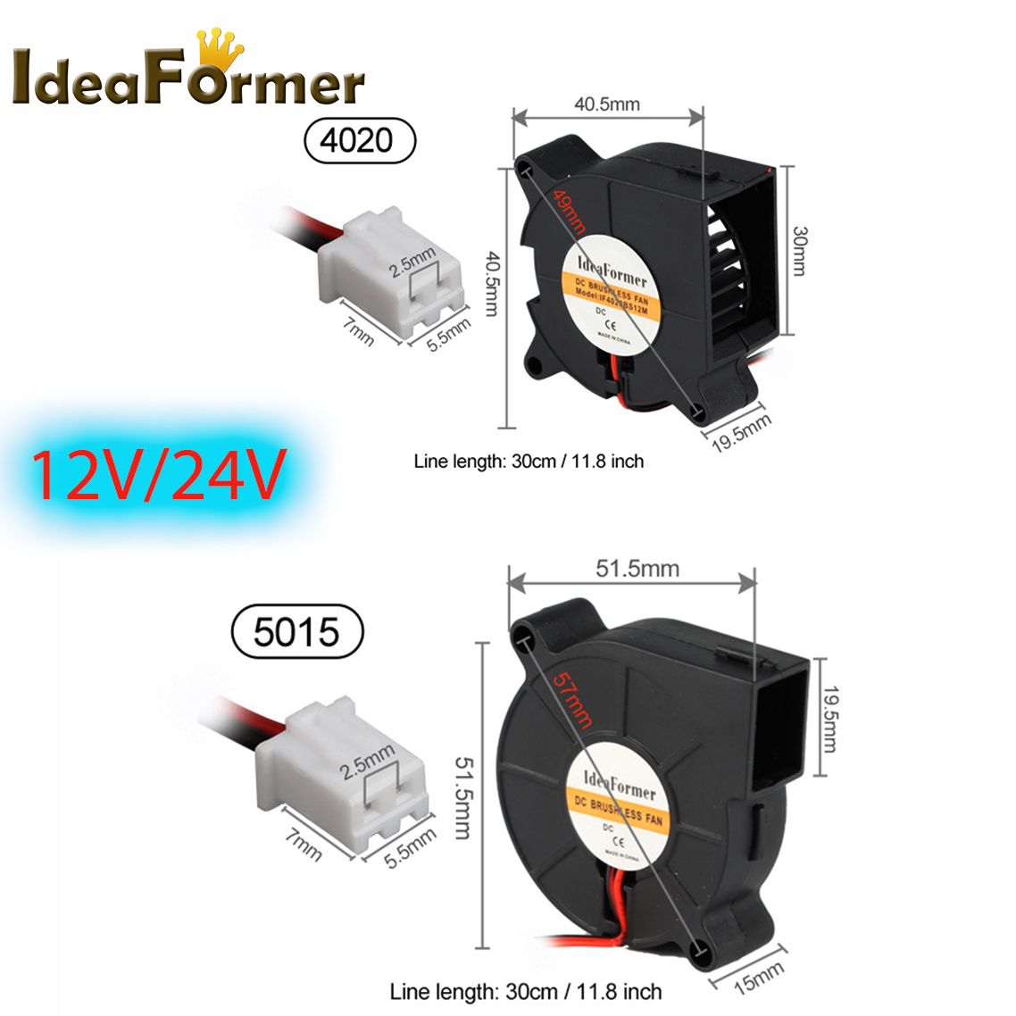 1 szt. 4020/5015 Turbo wentylator chłodzący Bezszczotkowy wentylator DC 12V i 24V do drukarki 3D z 2-pinowym przewodem chłodzącym Dupont 30cm do głowicy J