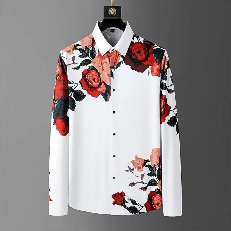 Camisa de manga larga con estampado Floral Vintage para hombre de alta calidad de lujo, ropa de Club Social de primavera, camisa con solapa estampada a la moda