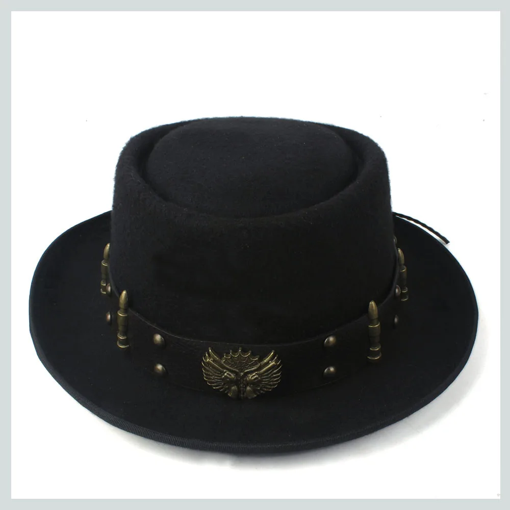 Topi Pork Pie untuk Pria Wanita dengan Sabuk Punk, Topi Fedora Trilby Fashion dari Wol, Topi Gereja Populer Ukuran 58CM