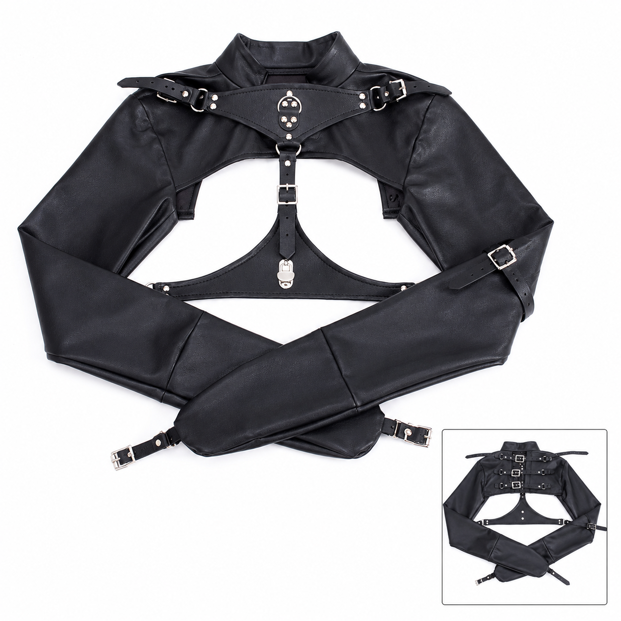 Veste harnais en similicuir PU noir, bretelles à boucles réglables, design à lacets sur le devant, coupe structurée à manches longues, tenue de cosplay