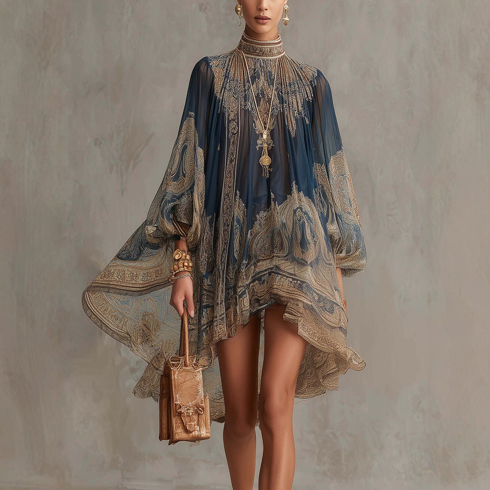 Vestido de chifón estampado con cuello alto estilo europeo y americano, holgado, estilo vacacional, con chal y manga larga para mujer, novedad 2026