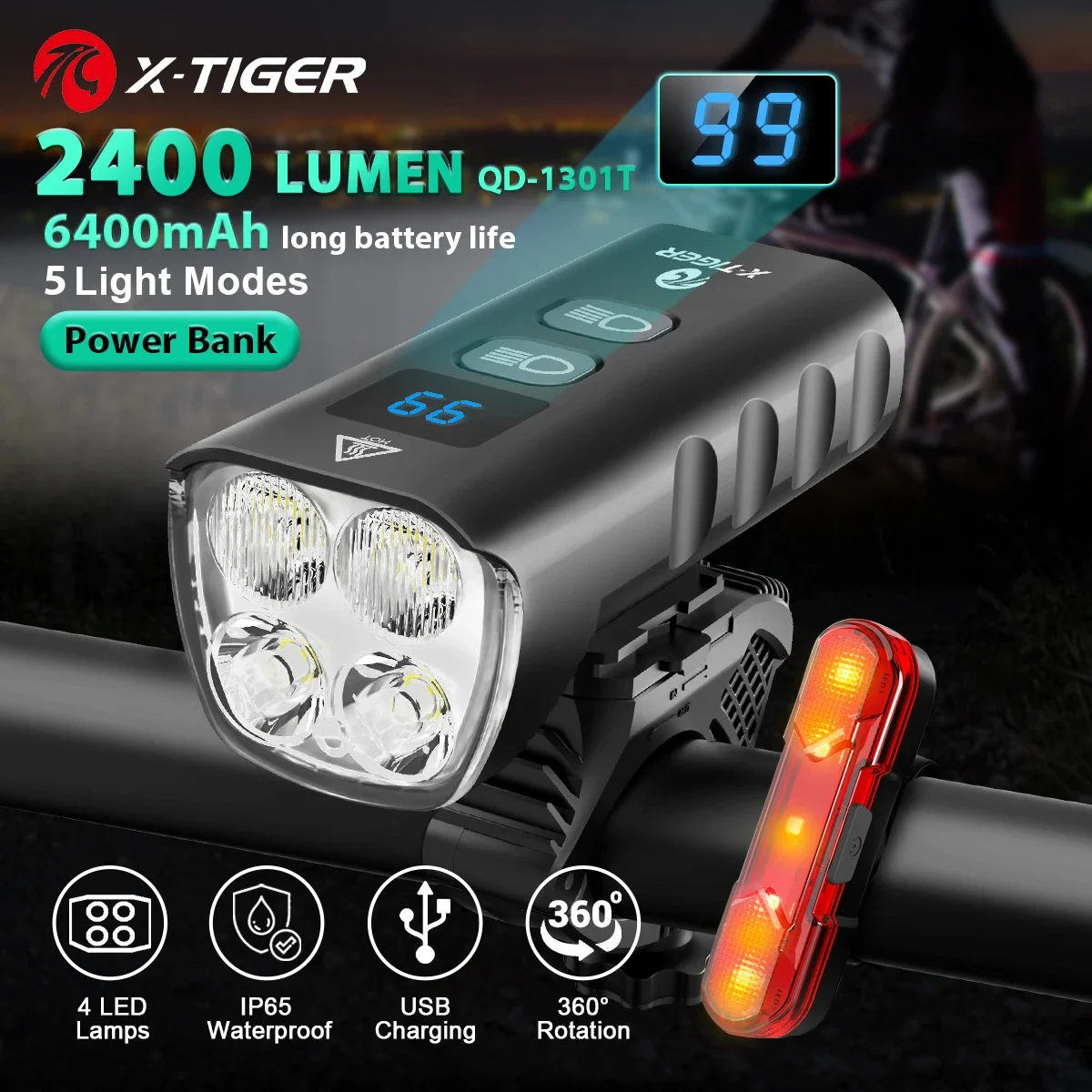 X-TIGER-luz LED para bicicleta de montaña y carretera, a prueba de lluvia, recargable vía USB, 2400 lúmenes