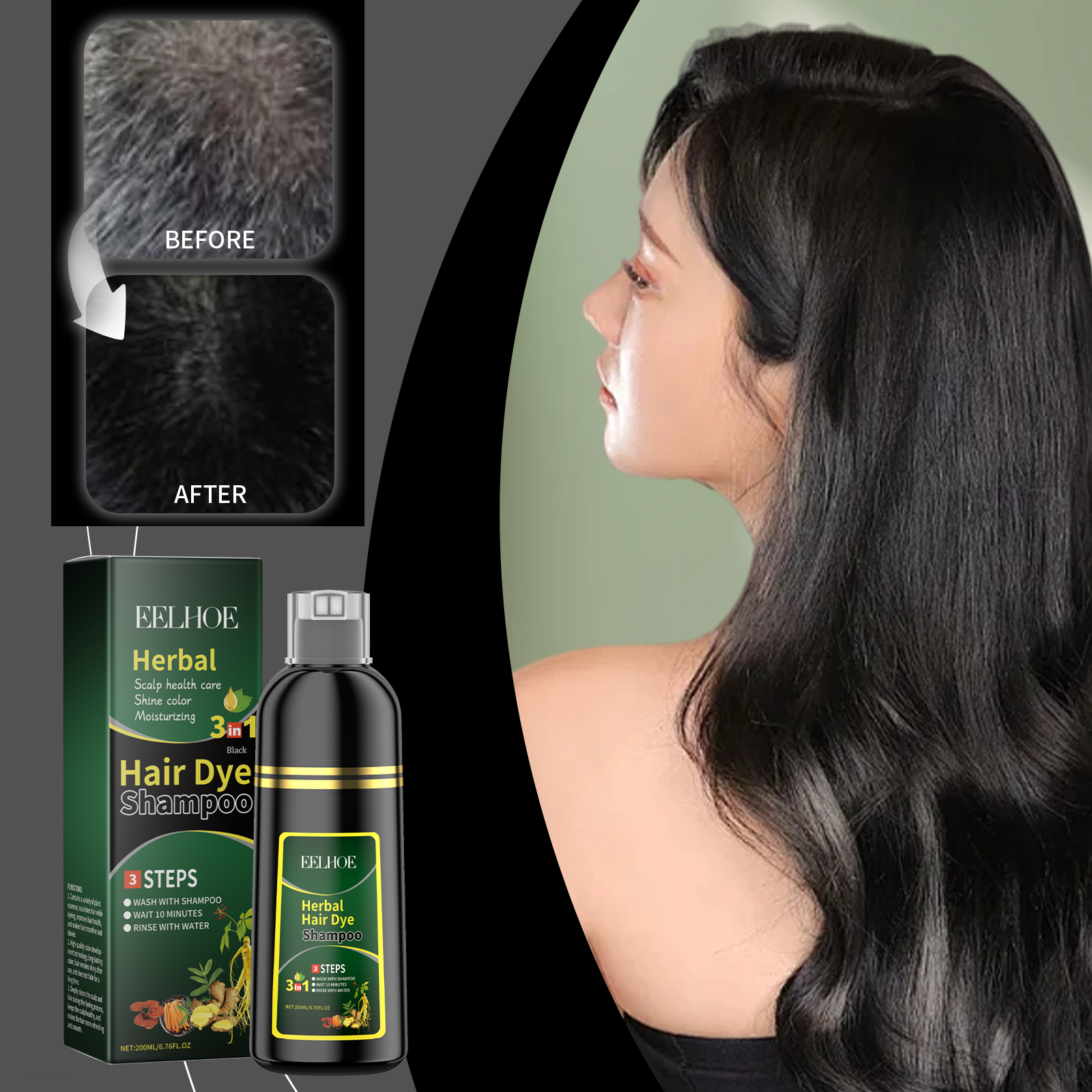 Pewarna rambut cepat alami organik 200ml, hanya 5 menit esensi tanaman Noni sampo pewarna warna hitam untuk penutup rambut abu-abu putih