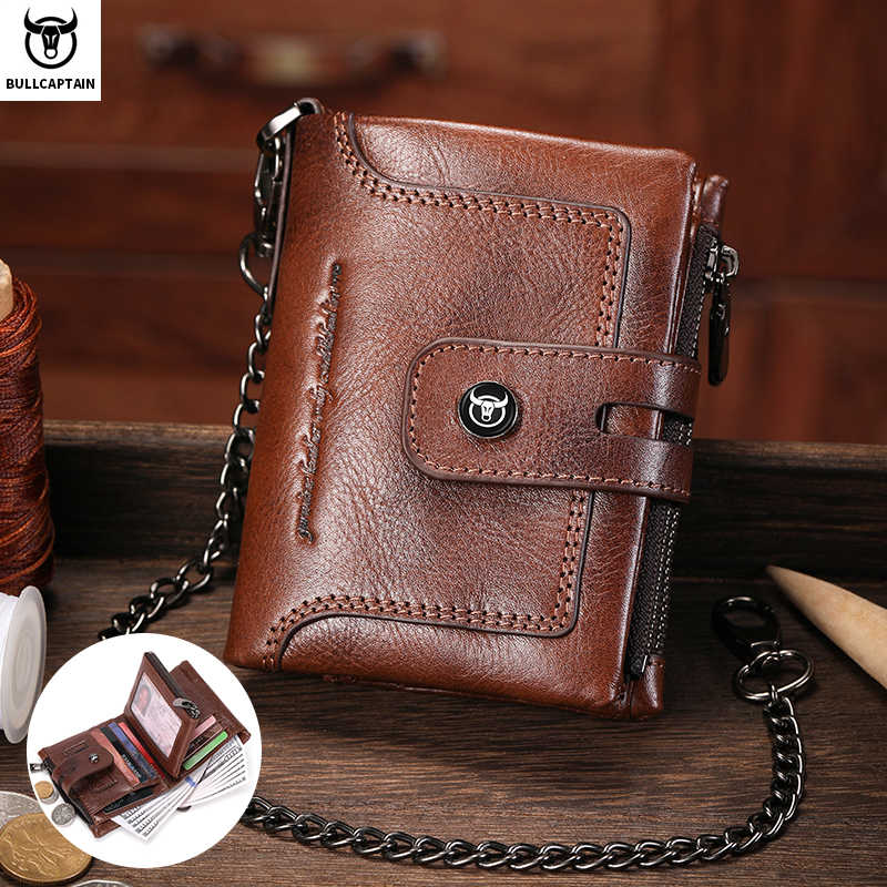 Bullcaptain carteira masculina de couro genuíno negócios retro snap carteira multifuncional rfid anti-roubo zíper multi-cartão moeda bolsa