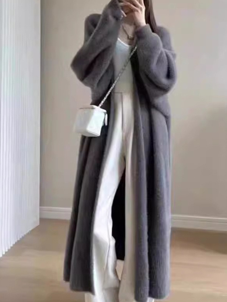 Outono/inverno estilo preguiçoso quente na altura do joelho engrossado cardigan feminino imitação pura lã de vison camisola de malha feminino casaco quente