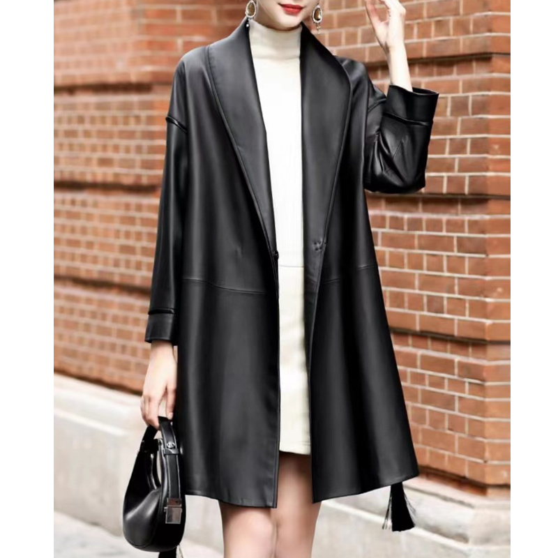 Julypalette 2024 outono com decote em v couro genuíno meados de comprimento trench feminino moda rendas cinto senhoras preto pele de carneiro trench coats