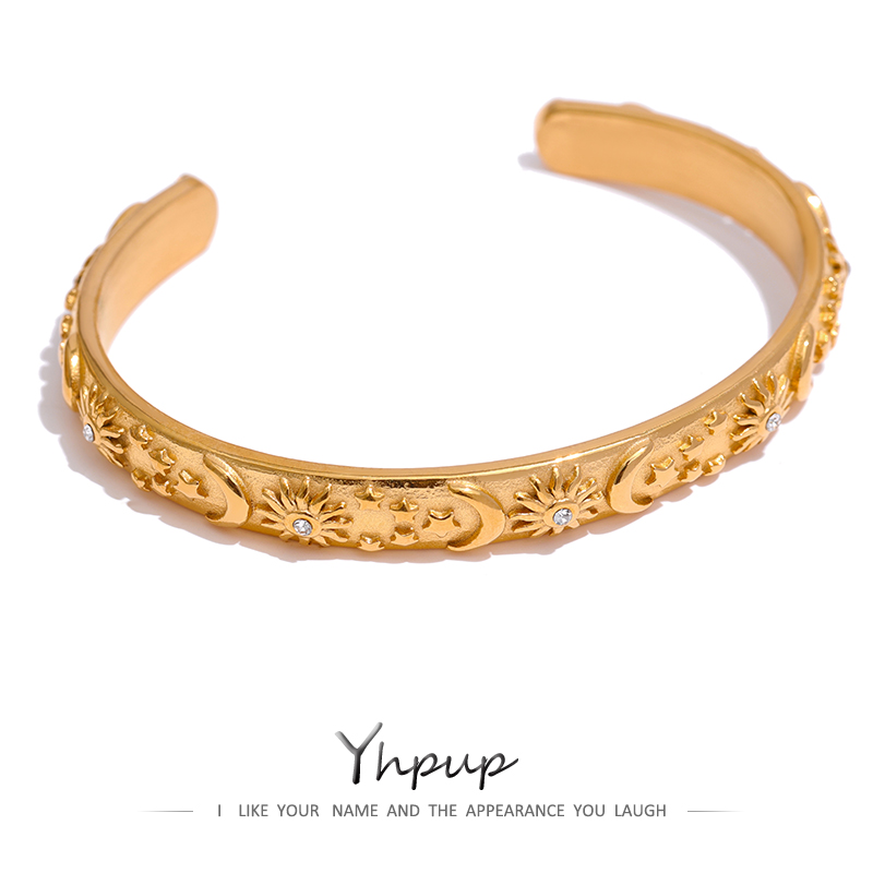 Yhpup pulseira dourada de aço inoxidável, lua, estrela, sol, elegante, metal, pulso aberto, браadeiras на руку жletiе, presente de festa