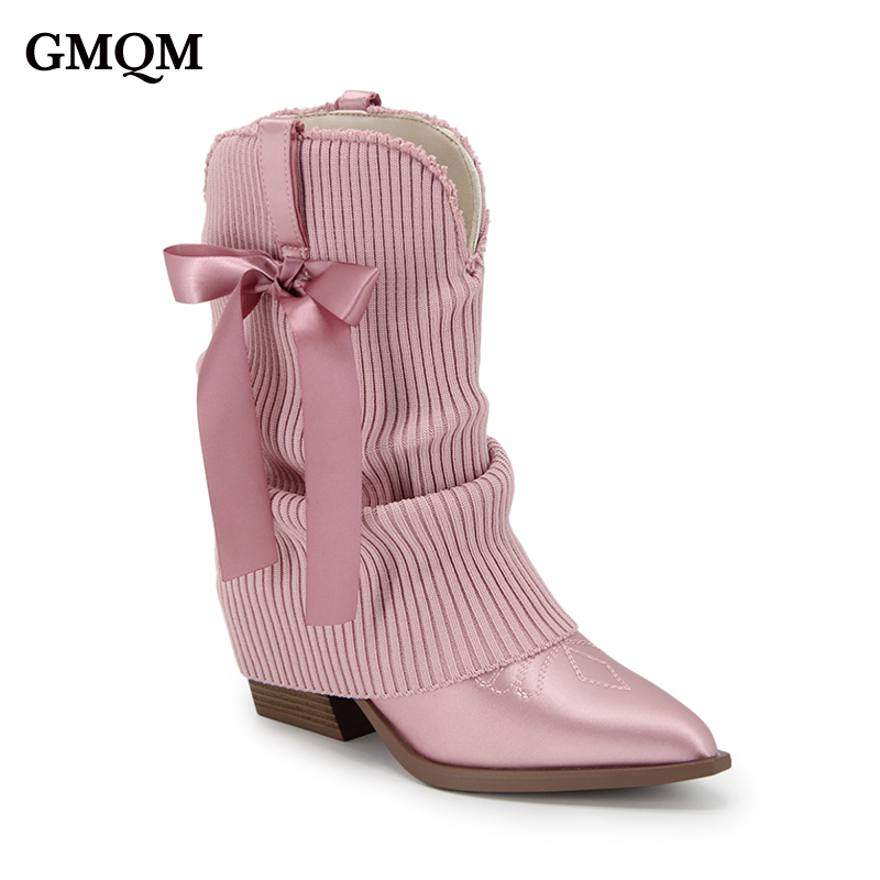 GMQM 2025 New Western Ankle Boots Bows For Women Fold Over Cowgirl Satin Booties Pointed Toe Cowboy Booties Pull On Chunky Heel