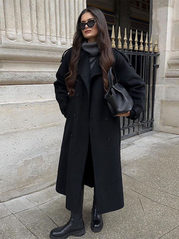 Abrigo de lana negro elegante con doble botonadura y cinturón para mujer, abrigo de manga larga con cuello de solapa a la moda, ropa nueva para otoño 2024 ﻿