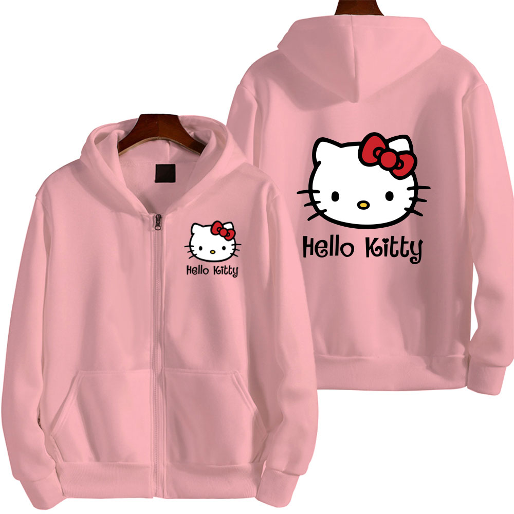 Sudadera con capucha y cremallera para mujer, sudadera con bonito patrón Kawaii Sanrio Hello Kitty, ropa de calle 2024, otoño e invierno