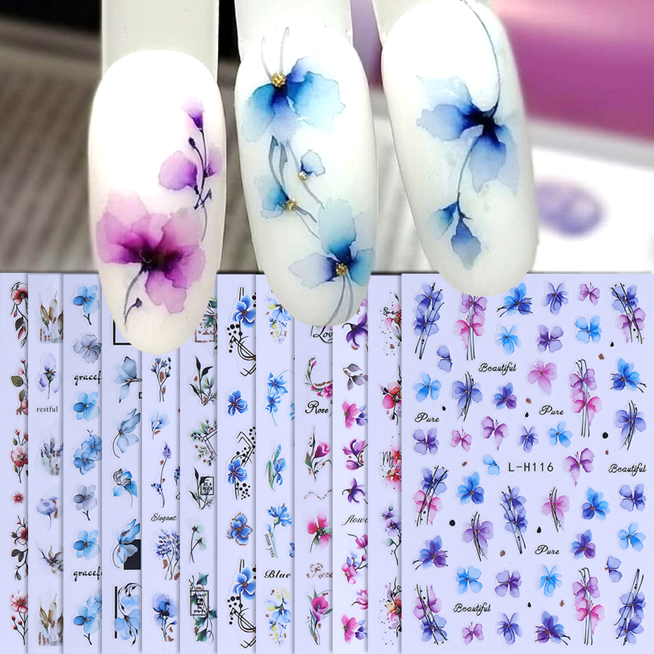 Autocollants pour ongles, 12 pièces, géométrie 3D, feuille de fleur, encre d'été, fleurs en fleurs, curseur pour fournitures de Nail Art, décoration de manucure