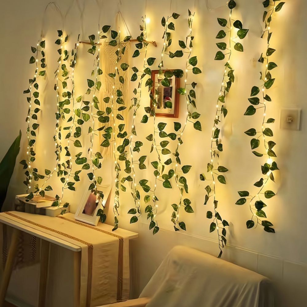 Cadena de luz de plantas falsas de hoja verde, 2 m78.74 in, 20 Led para decoración de Año Nuevo, pared, casa, habitación, oficina, cumpleaños, hogar y dormitorio, 1 paquete