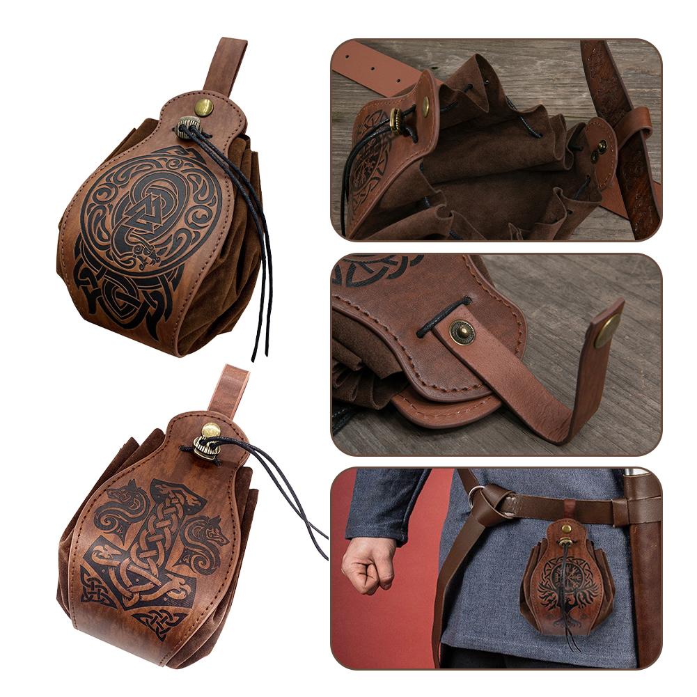 Medieval Viking Money Pouch Bag Portable Retro Waist Bag Unisex Durable Leather Drawstring Bag Coin Purse Party Accessories