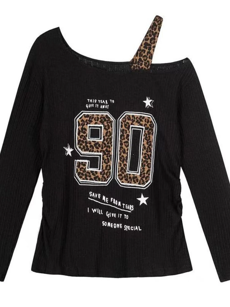 Y2K パッチワーク ヒョウ柄 Tシャツ レディース ルーズ ストリートウェア ティーシャツ グランジ カジュアル トップス