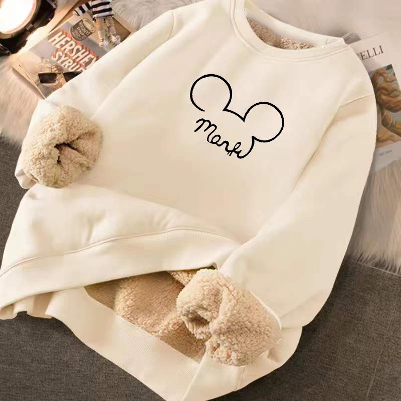 Sudaderas con capucha estampadas informales de dibujos animados con cuello redondo, ropa deportiva suave y cálida de Cachemira de terciopelo, sudadera de lana para mujer, ropa de calle para mujer