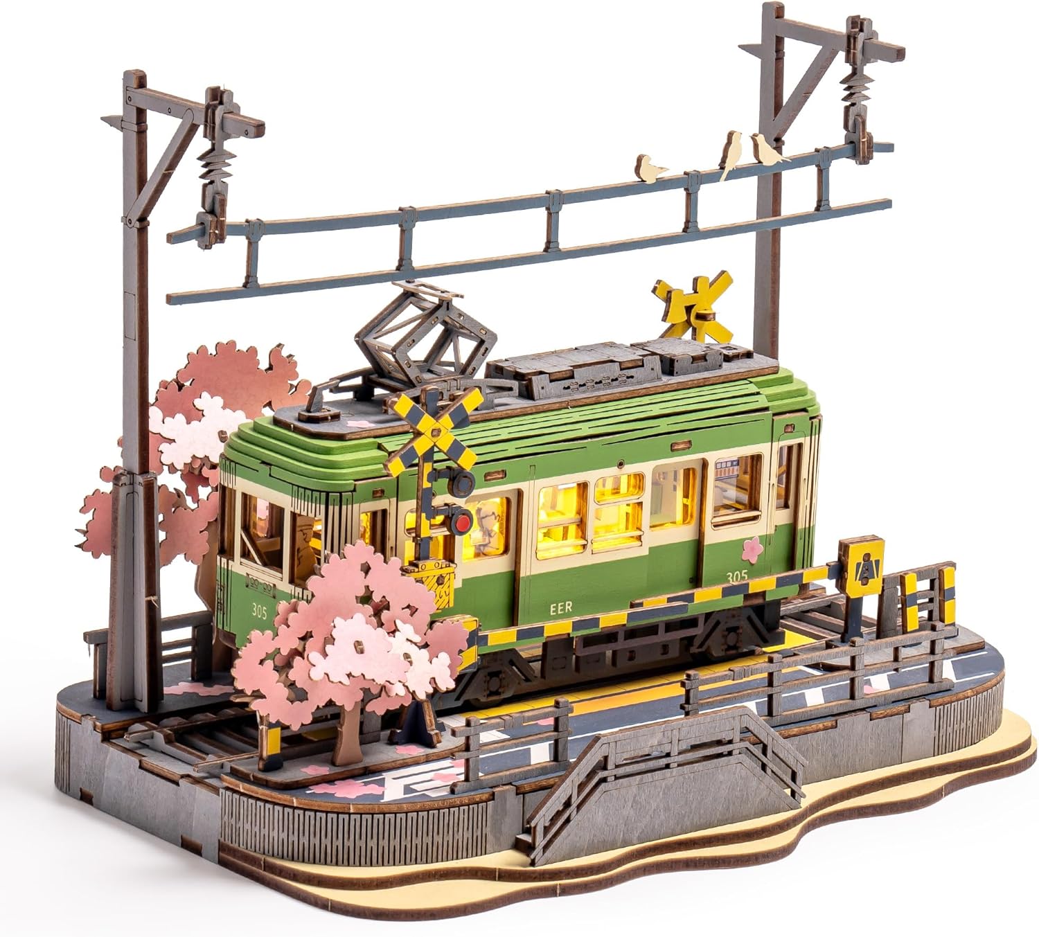 Robotime 3D-puzzels Sakura Journey DIY-modelbouwspeelgoed met LED-licht Houten knutselsets Tram Hobby voor kinderen Brain Teaser Gift