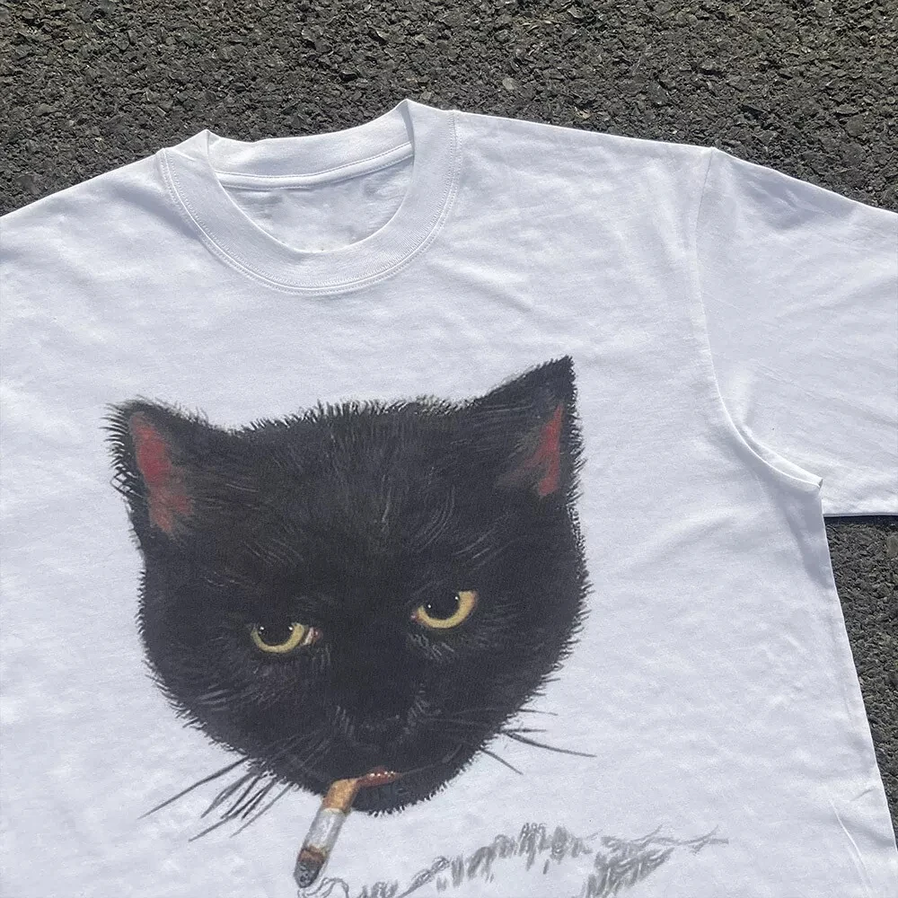 Y2k enrugado gato impressão gráfica punk 90s grunge retro estilo hip hop branco topo camiseta emo roupas estéticas harajuku y2k topo