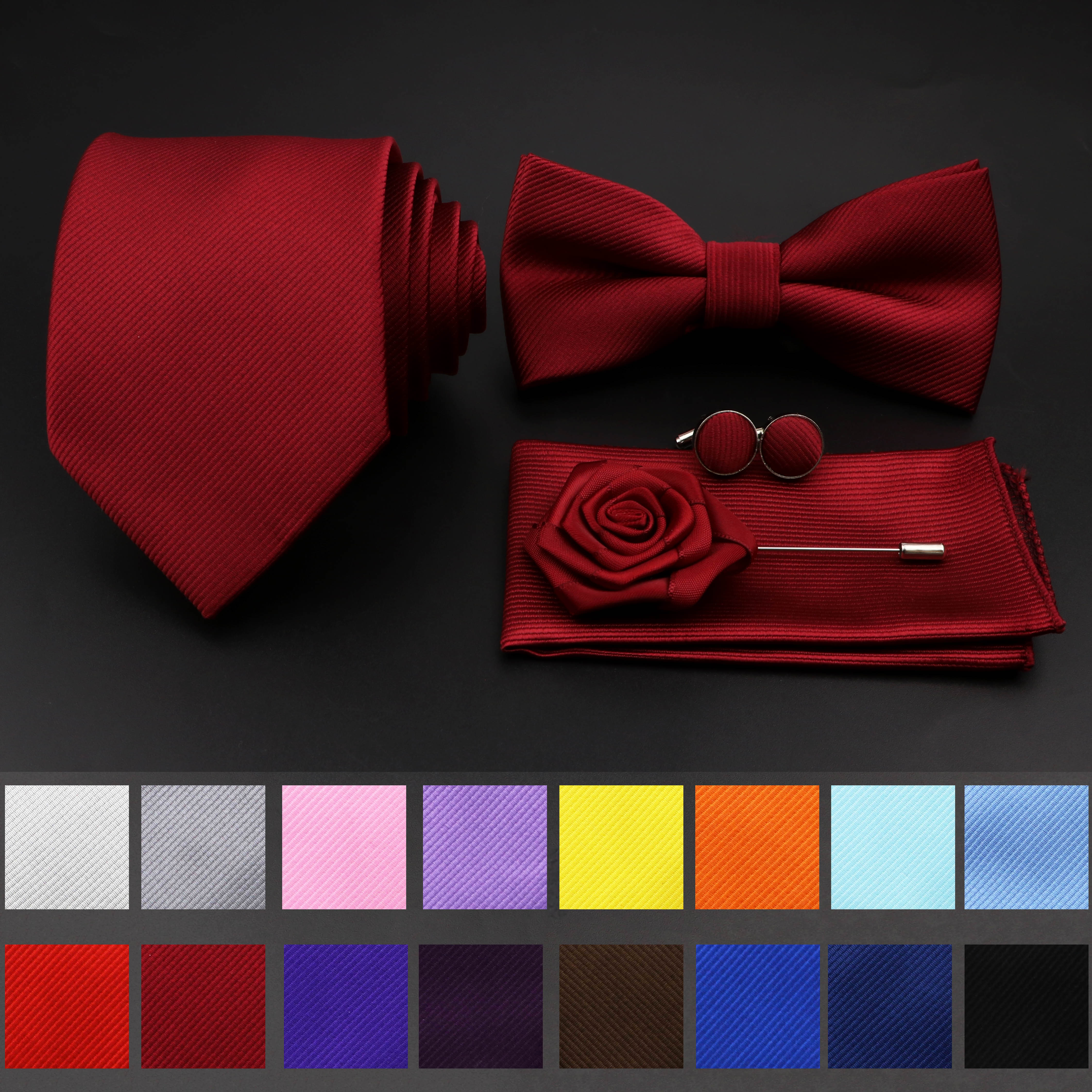 Venda quente vermelho azul gravata conjunto de poliéster fino listrado gravata borboleta abotoadura broche para terno do noivo casamento cravat camisa acessório