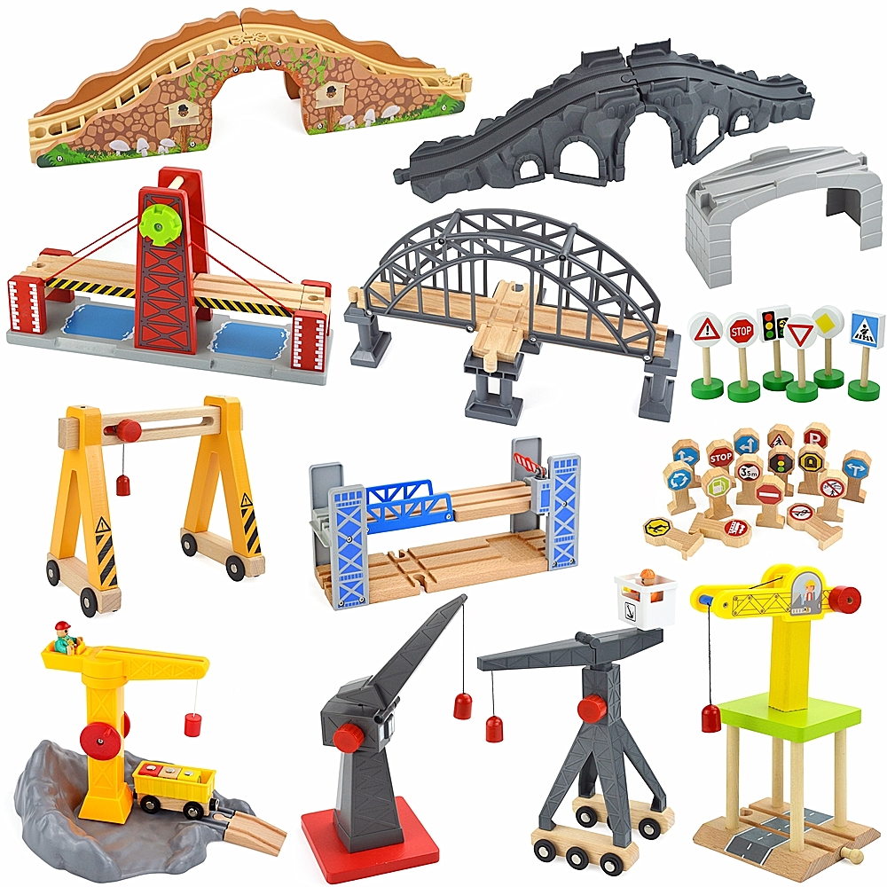 Pista de tren de madera para carreras, juguetes de ferrocarril, todo tipo de vías de puente, accesorios aptos para pistas de madera Biro, regalo para niños
