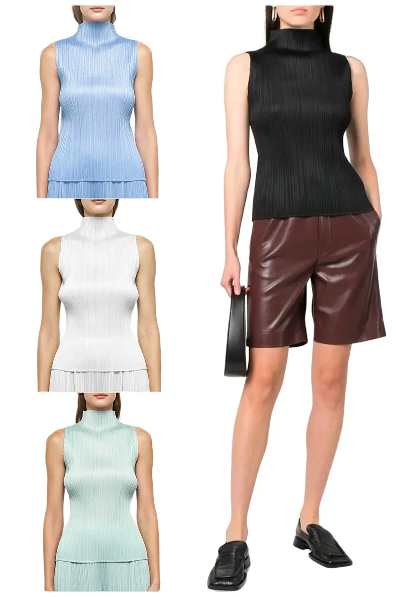 Alsey miyake plissado estilo coreano sem mangas gola alta topos feminino 2025 verão novo simples magro cor sólida camiseta roupas