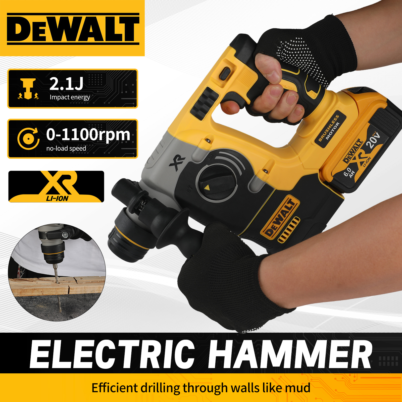 Martelo rotativo sem escova DEWALT DCH273, bateria 20V 6,0Ah2.1J de energia de impacto, 360 ° Alça - Eficiente para perfuração de concreto, tijolo e pedra